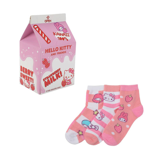 Hello Kitty Strawberry Milk 3 Pair Women’s Quarter Crew Box Set