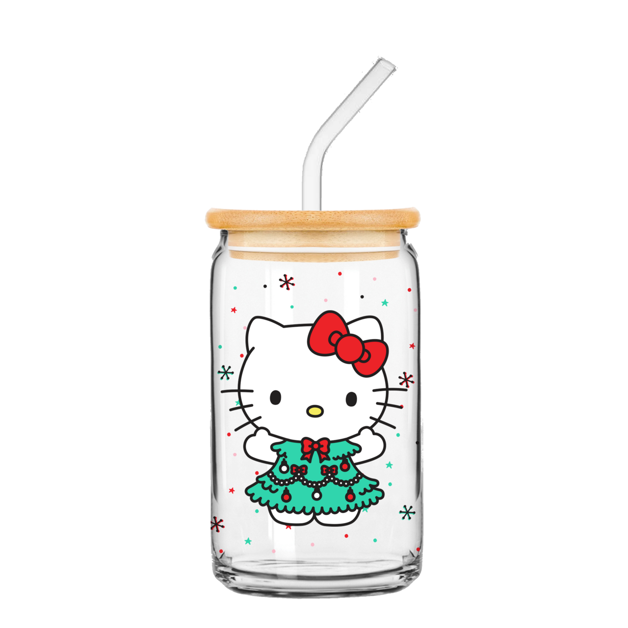 HK Holiday Tree Dress 16oz Glass Tumbler w Bamboo Lid