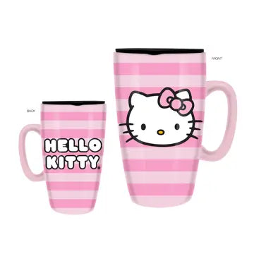 Hello Kitty Face Logo Pink Stripes 16oz Ceramic Travel Mug