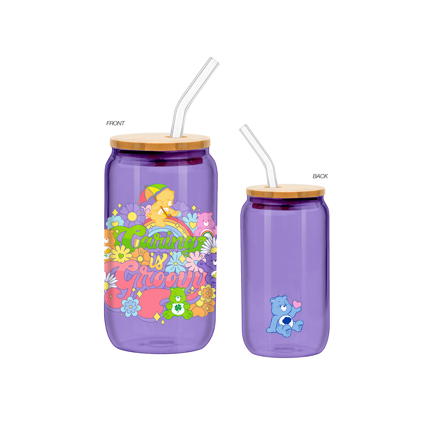 Care Bears 16oz Glass Tumbler w Bamboo Lid and Glass Straw